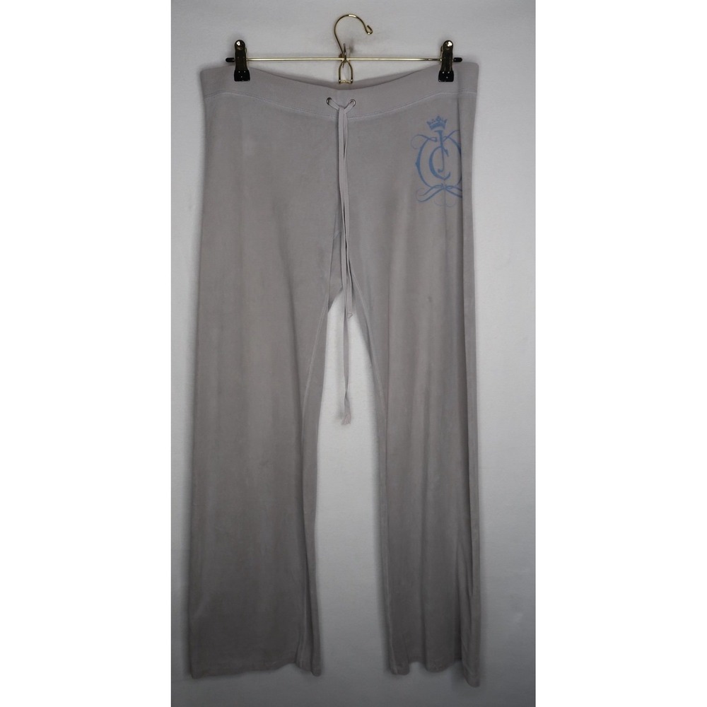 Juicy Couture Gray Velour Track Pants Women Medium Y2K Mid Rise Flare Crest Logo